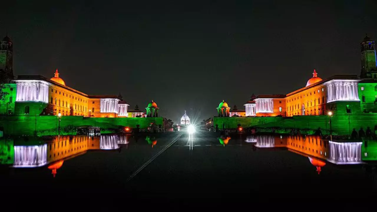 New Delhi's Raisina Hills lit up in tricolor on 77th Independence Day.